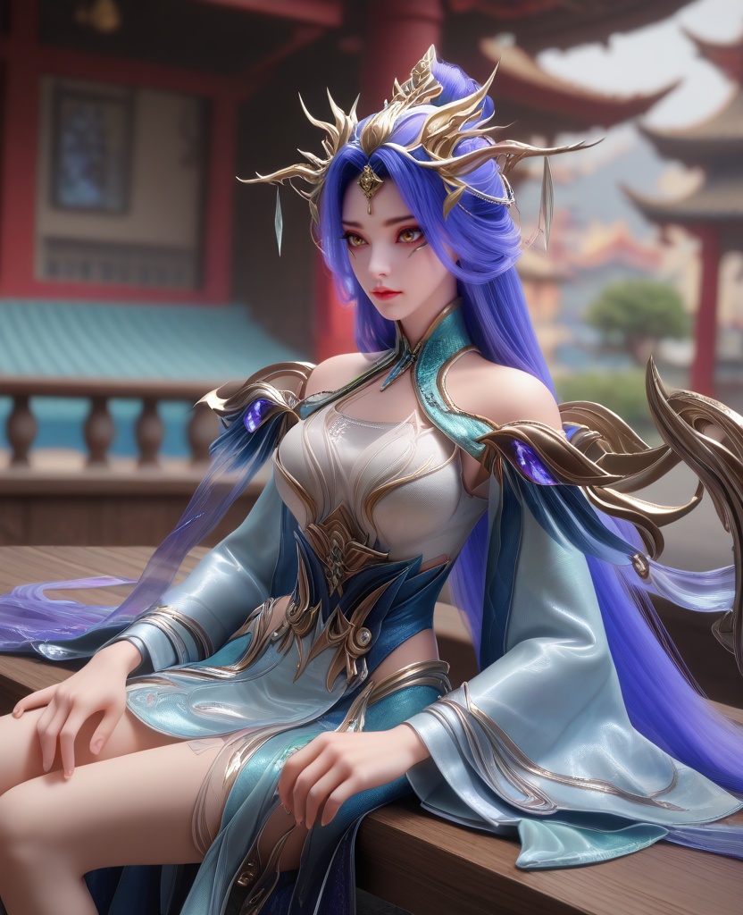 (oriental architecture, elegant decor, sophisticated style:1.1),(Sitting on a bench, arms resting on the backrest,:1.1),(breasts:1.2),<lora:XL16克金玩家则天女帝:0.95>,goddess,pale blue tiered high-low gown,yellow eyes,violet hair,very long hair,hair ornament,hagoromo,wide flowing sleeves,sash,, zPDXL2, score_9, score_8_up, score_7_up BREAK realistic, masterpiece,best quality, highly detailed,, zPDXL3, zPDXL2,zPDXL, zPDXLxxx, zPDXLrl,