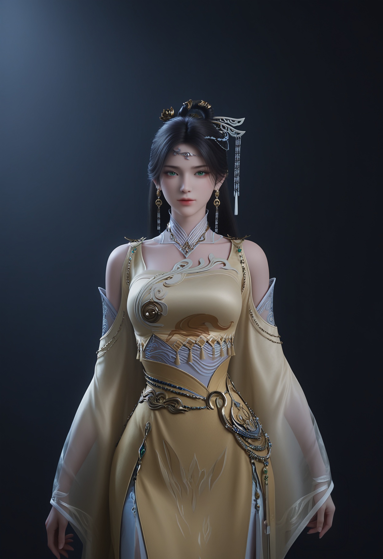 masterpiece,best quality,absurdres,highres,BREAK(glamor:1.1),slender,1girl,solo,<lora:金瓶儿-ill:0.82>,jingpinger,long hair,black hair,hair ornament,earrings,jewelry,green eyes,shoulder cutout,wide sleeves,yellow dress,see-through,looking at viewer,front view,standing,arms behind back,BREAKsimple background,black background,rim light,Tyndall effect,Volumetric Lighting,Cinematic Lighting,realistic,depth of field,