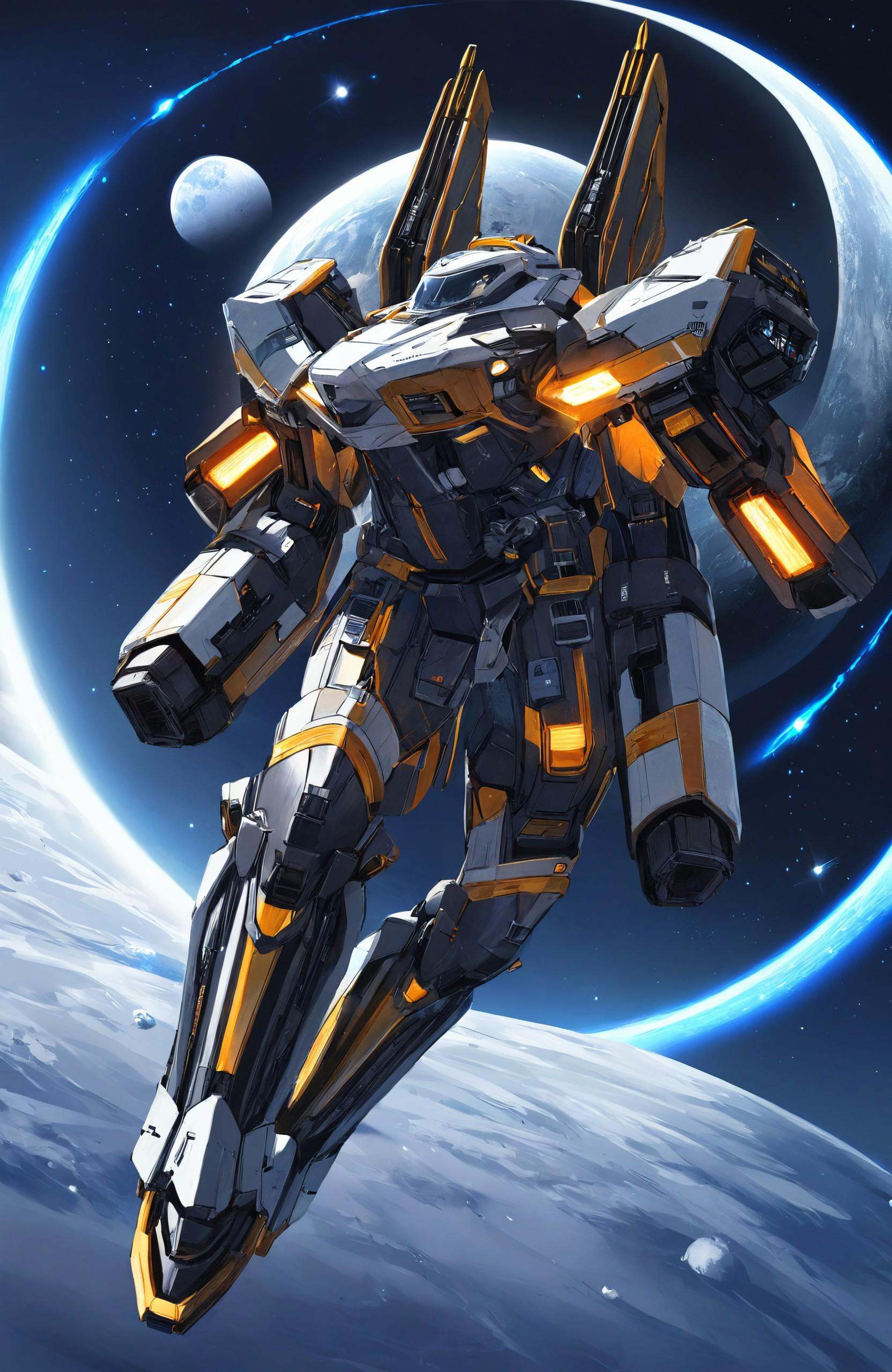 "Majestic fantasy anime art style,  featuring a vast lunar base with towering structures made of sleek metal and glass. Ad...