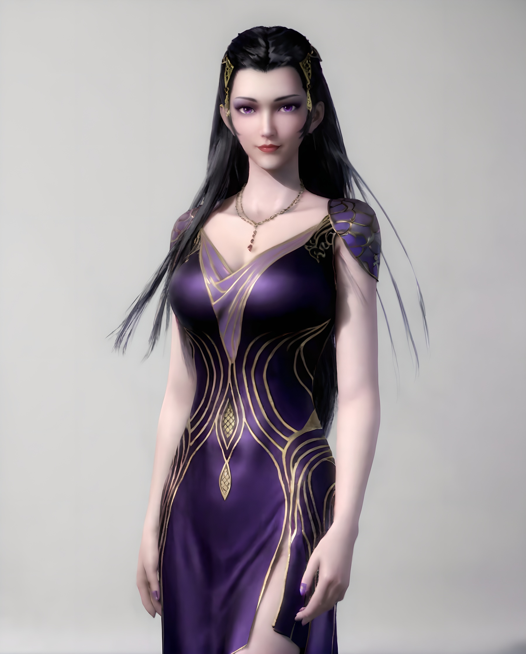 <lora:SF_XinYueKui_Pony_Realism-000003:0.7>,1girl,solo,purple dress,hair ornament,standing,looking at viewer,black hair,long hair,white background,