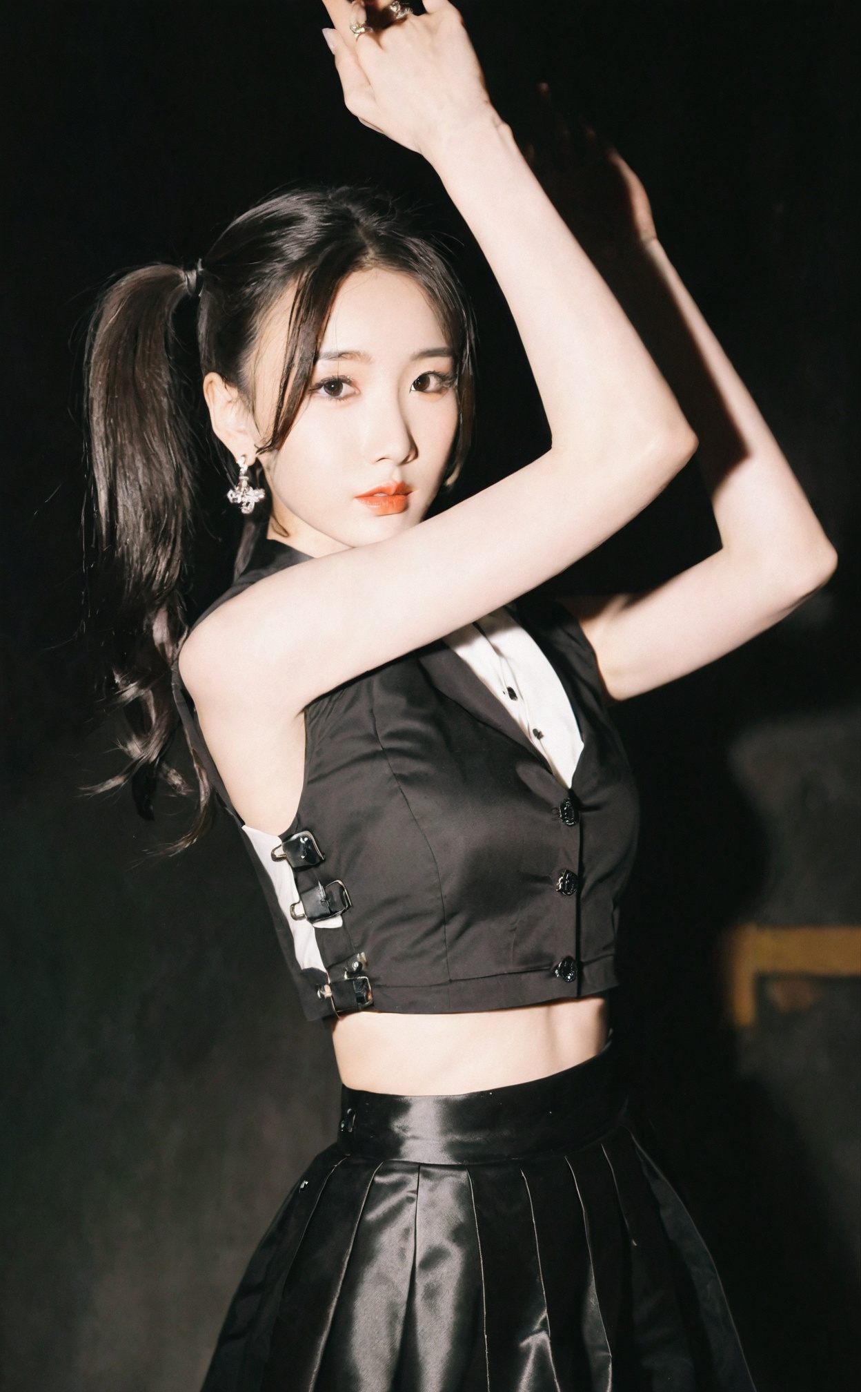 mugglelight, there is an asian woman that is posing for a picture in a black dress, 1girl, solo, black hair, jewelry, earrings, ponytail, looking at viewer, black eyes, long hair, midriff, arms up, skirt, shirt, sleeveless, breasts, from side