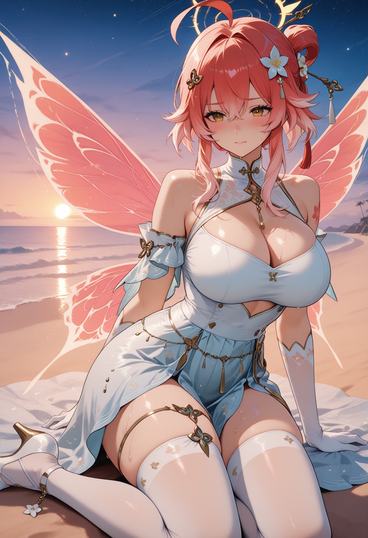 1girl,solo,solo focus,best quality,very aesthetic,sweat,blush,solo,beach,ocean,kneel and sit,butterfly_tattoo,collarbonea,soxy,wet body,the body has water,leg chain,chest chain,belly chain,animal collar,waves,gradient_sky,starry_sky,dusk,in summer,<lora:长离师尊:1>,changli,1girl,long hair,bangs,hair ornament,ribbon,hair between eyes,bare shoulders,yellow eyes,ahoge,red hair,short hair,multicolored hair,highlighted hair,pink hair,flower,hair flower,sexy,<lora:陷落绮梦:1>,xqym,gloves,dress,bare shoulders,wings,high heels,white gloves,white footwear,skirt,elbow gloves,long skirt,white bow,clothing cutout,cleavage cutout,fairy wings,white_thighhighs,suspenders,