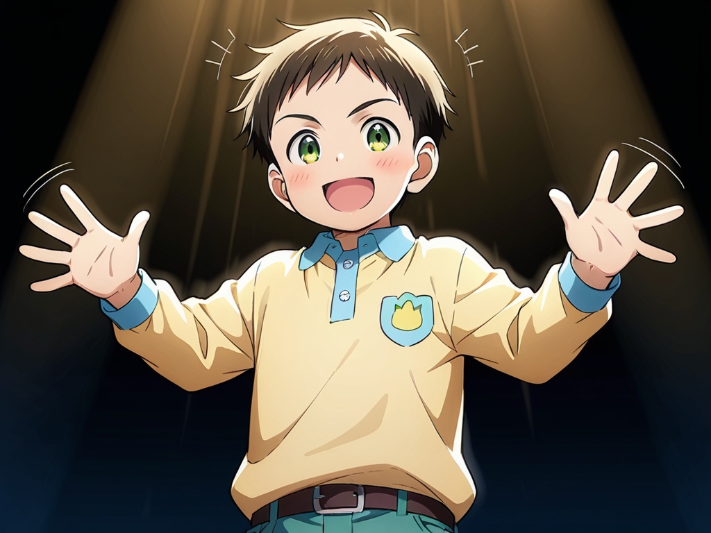 <lora:Gawain_XT:1>,male focus,shirt,1boy,toddler,male child,petite,:d,(blush:0.9),perfect hands,(5fingers:1.3),correct anatomy,huge filesize,(motion_lines:1.1),available light,background light,Volumetric Lighting,front view,mid_shot,
