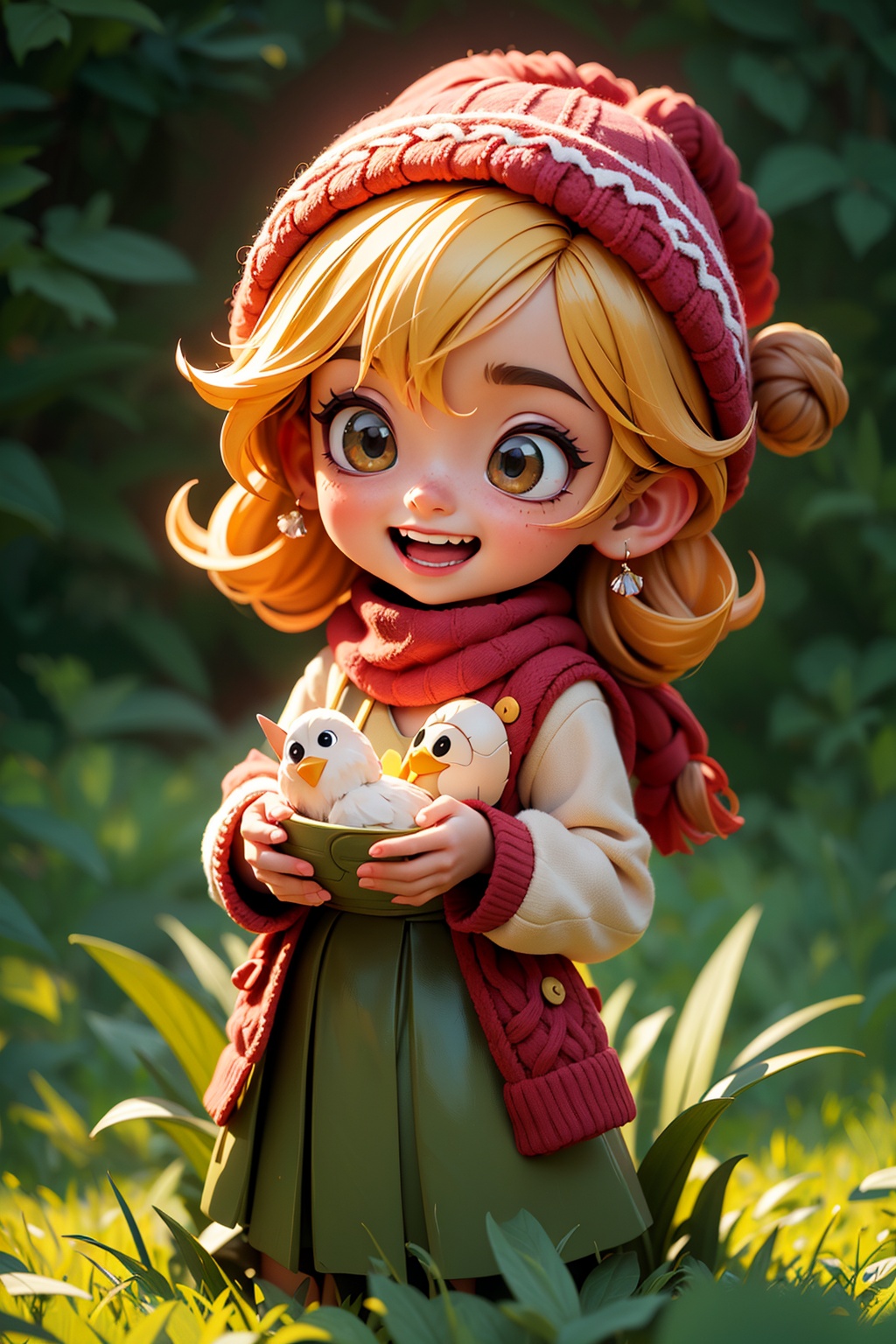 (masterpiece, top quality, best quality, official art, beautiful and aesthetic:1.2),cute ip,chick,chibi face,grass,red scarf,laugh,beautiful dress, wool hat