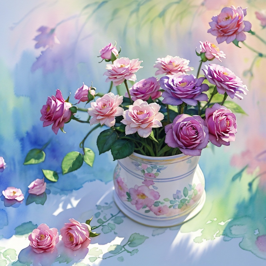 flower,pink rose,pink flower,no humans,rose,white background,((Monet style)),rim light,plant,still life,parameters realistic,vibrant colors,Childhood life,creek,high level of detail.(masterpiece:1,2),best quality,masterpiece,highres,original,extremely detailed wallpaper,perfect lighting,(( Watercolor Painting Style)),purple rose,pink carnation,<lora:SHUICAI:0.8>,