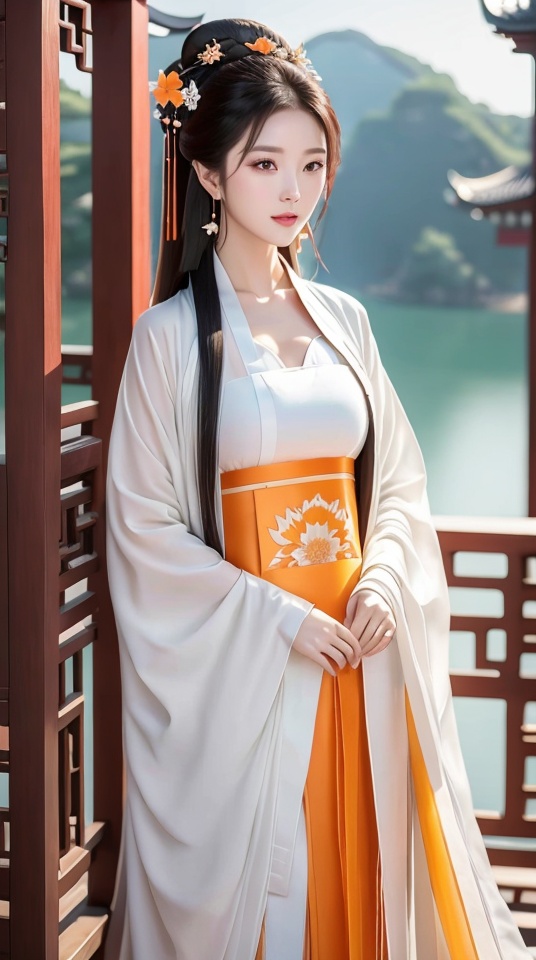 A girl,light white and orange Chinese style dress,Hanfu,standing,outdoors,lake,,<lora:6c07c8e4207af3fe355d79d061576f8de75cbdbd7086b75cfd27e11794a543db:0.7>