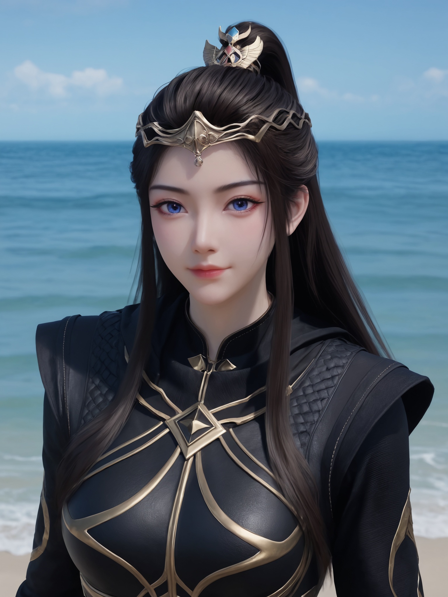 realistic style photo outstanding style,tall,cute,in her teens. Use soft lighting to cast gentle shadows on the subject,adding a touch of dimension to your images without compromising details,score_9,Seaside,beach,waves,<lora:元瑶Pony:0.6>,black hair,blue eyes,a golden headdress, wears a black, form-fitting armor with intricate golden details and a high collar,