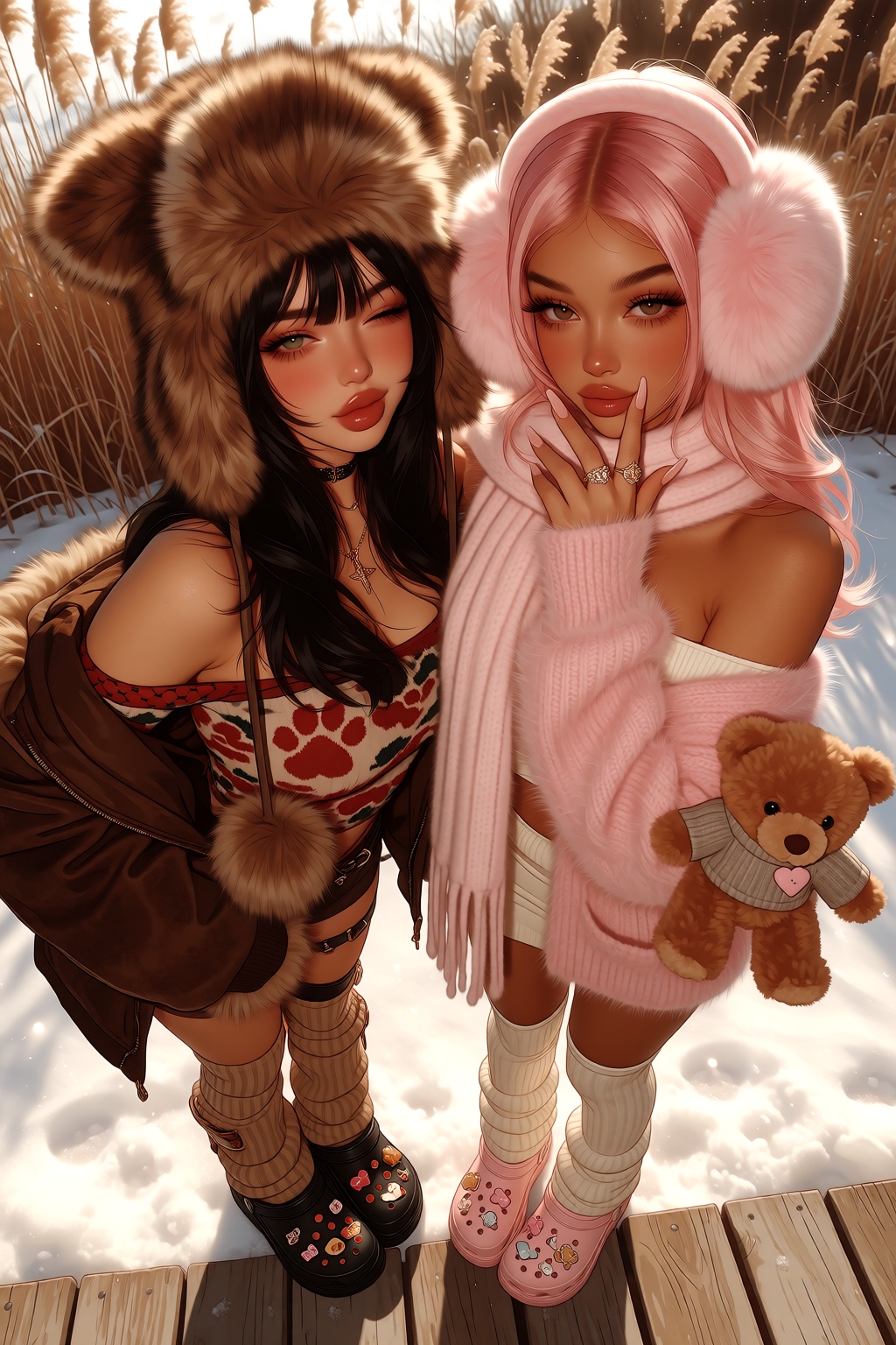 A trendy,  high-angle image of two women dressed in cute,  Y2K-inspired winter fashion on Tensor.Art