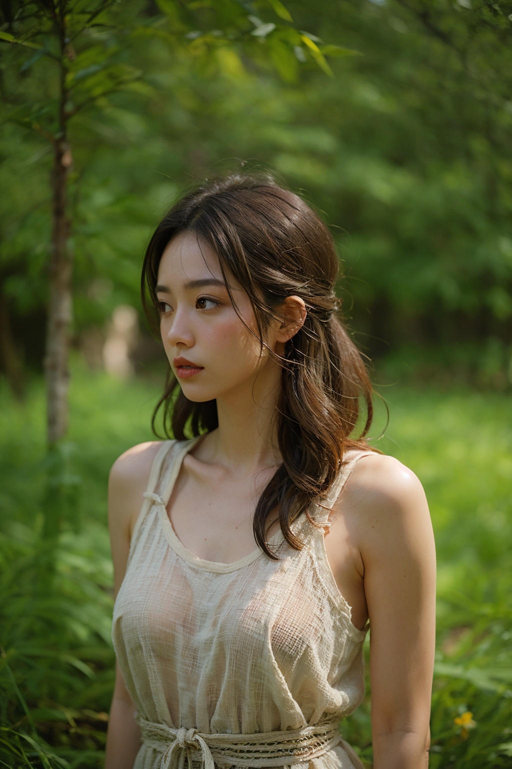 1girl,flowers,whole body,(yellow reed:1.1),forest,solo,long hair,(realistic:1.1),white background,brown hair,simple background,lips,parted lips,looking to the side,forehead,looking away,black hair,bare shoulders,signature,brown eyes,**** top,black eyes,(depth of field:1.2),blurry,Tyndall effect,<lora:linhe luweidang_20231022151238-000008:0.7>,