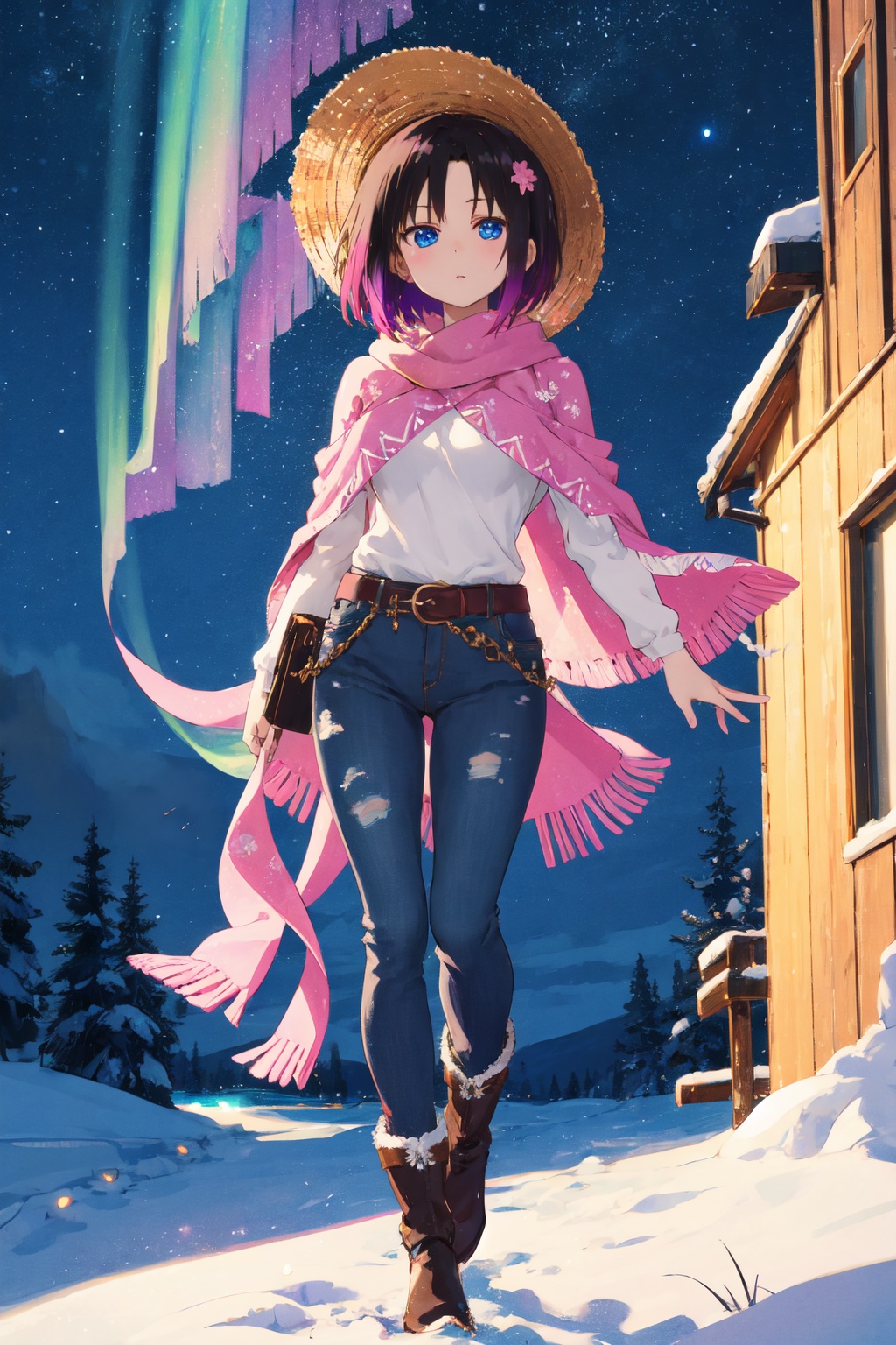 <lora:Elma-000013:0.8>,Elma CYQL,1girl,looking at viewer,solo,short hair,black hair,purple hair,multicolored hair,gradient hair,blue eyes,Aran sweater poncho worn with a belt, skinny jeans, and knee-high boots,smirk,bust,In the night sky, dazzling auroras dance like ribbons of color, weaving green, purple, and blue into a dreamlike display,(Climbing roses, Snow-covered cottage, Winter garden, Snowflakes, Winter wonderland, English charm:0.5),beautiful detailed sky,beautiful detailed glow,posing in front of a colorful and dynamic background,masterpiece,best quality,beautiful and aesthetic,contrapposto,female focus,wallpaper,