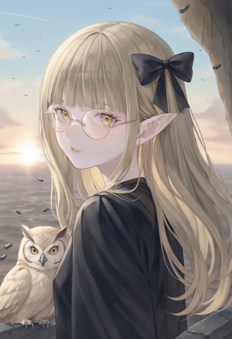 best quality, masterpiece,1girl, bird, yellow eyes, owl, pointy ears, long hair , parted lips, solo, blonde hair, hair bow, bangs, sunglasses, portrait, round eyewear, lips, black bow, blunt bangs, slit pupils, animal, eyelashes ,sky, cloud, outdoors, blurry, blurry foreground, sunset, scenery, glowing, science fiction, debris, from side, solo, robot  <lora:poireXLlokr4f-000287:0.7>