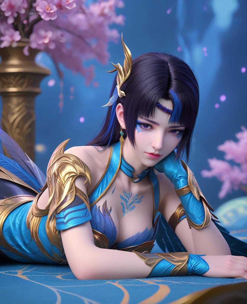 (oriental architecture, elegant decor, sophisticated style:1.1),lying, on stomach,(breasts:1.2),<lora:XL16大主宰九幽:0.95>,miss jiuyou,armor,boobplate,purple eyes,braid circlet,makeup,black hair,blue streaked hair,long hair,hair ornament,sternum tattoo,rerebrace,left hand single glove with blue,blue wings cape,blue lower leg decoration,, zPDXL2, score_9, score_8_up, score_7_up BREAK realistic, masterpiece,best quality, highly detailed,, zPDXL3, zPDXL2,zPDXL, zPDXLxxx, zPDXLrl,