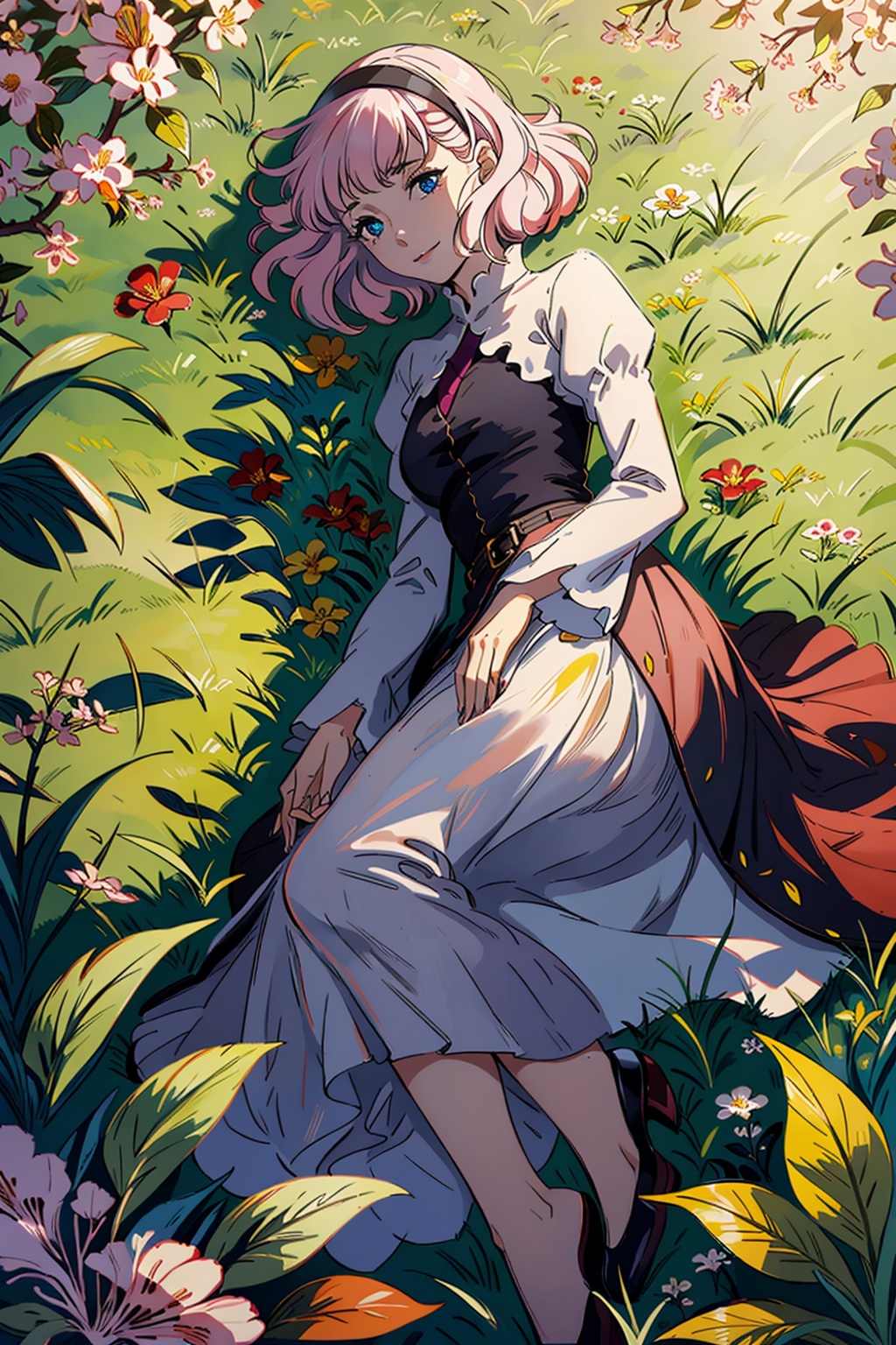 masterpiece, best quality, <lora:lemrina:1>,lemrina vers envers, 1girl, solo, pink hair, lying, dress, hairband, blue eyes, smile, long sleeves, on side, sunlight, flower, short hair, outdoors, looking at viewer, blurry, puffy sleeves, juliet sleeves, day, black dress, grass, closed mouth, depth of field, shoes, dappled sunlight, blurry foreground, on ground, black hairband, petals, from above, bangs, shirt