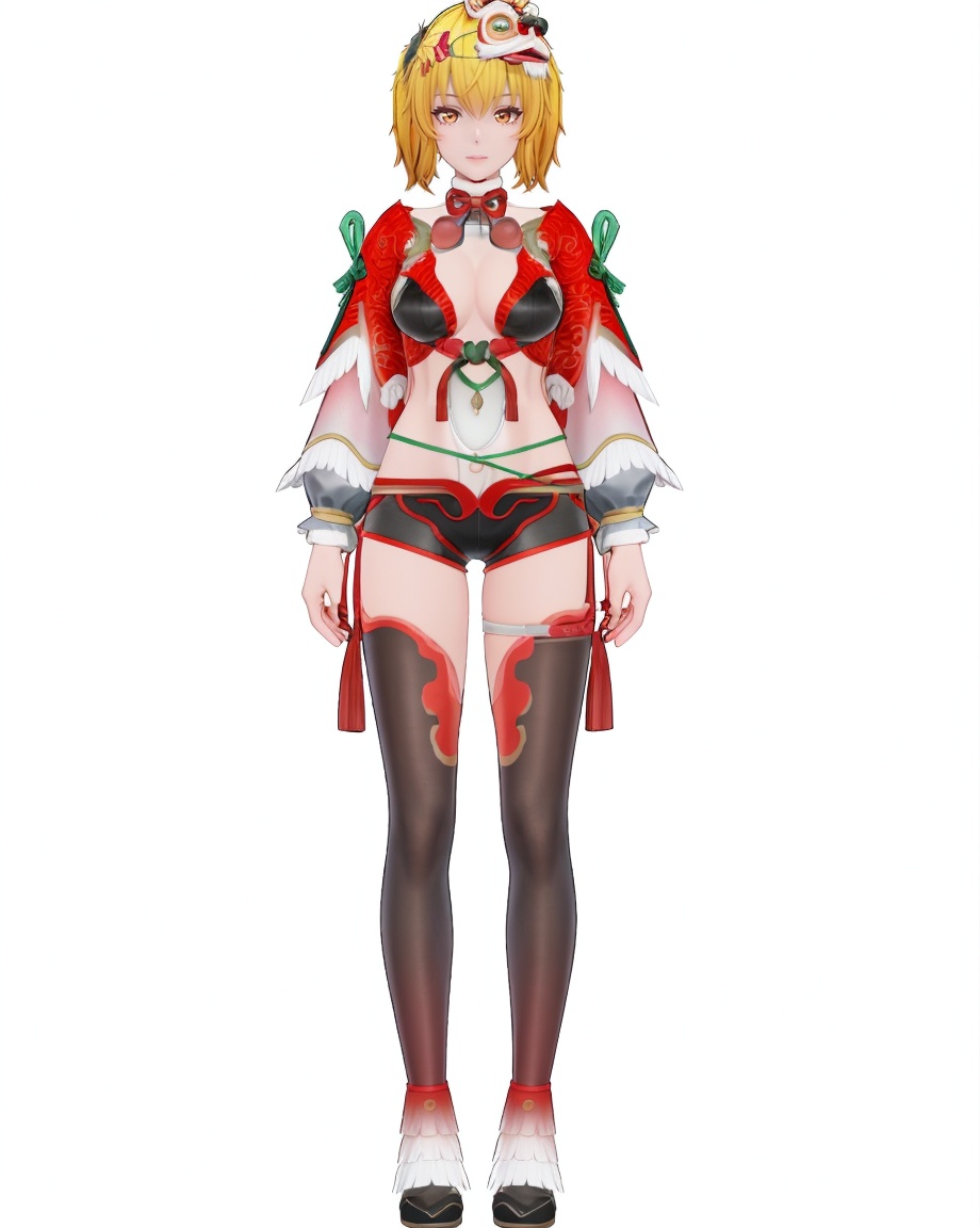 8k,best quality,masterpiece,(ultra-detailed),(high detailed skin),(by nanoless, by misumi \(macaroni\),:0.5),A full-body portrait of a young girl,standing gracefully,pastel art style,high-key lighting,shoujo manga influence,hd quality,delicate details,full body,full shot,standing,looking at viewer,(solo:1.2),simple background,white background,<lora:cbcnwed-sd-Tanger-000019:0.8>,Fenny, clothes: Fenny Lion dance costumes, 3rd clothes, Fenny mask hair ornament, blonde hair, black shorts, black thighhighs, 1girl,breasts, short hair, bell,