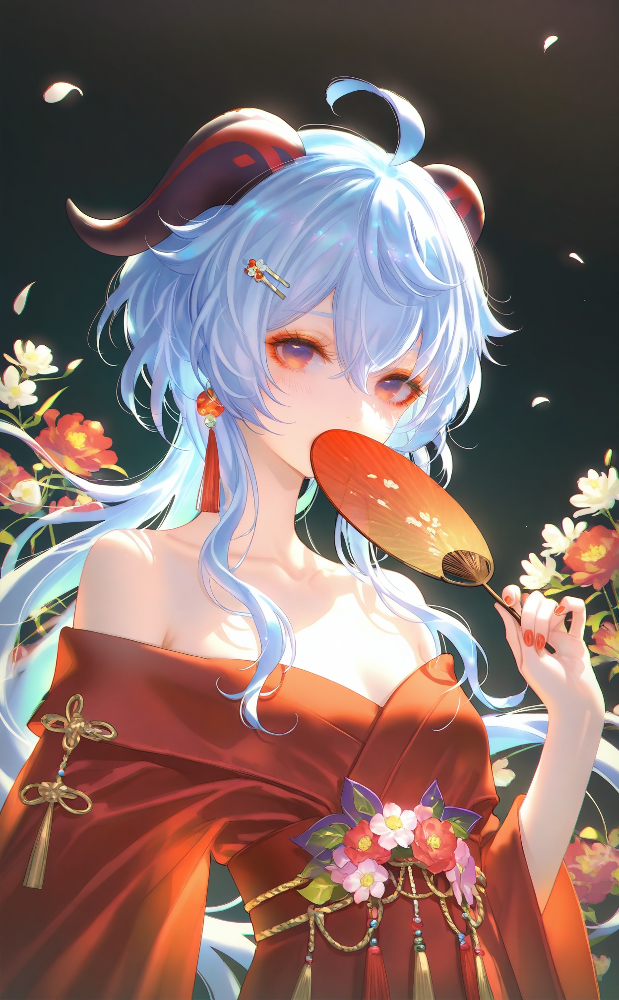 masterpiece,very aware,highres,absurdres,newest,best quality,loli,petite,high quality,chromatic_aberration,chromatic_aberration,cinematic_angle,dutch angle,//,1girl,hair_ornament,solo,blue_hair,purple_eyes,hair_flower,horns,ganyu_\(genshin_impact\),hand_fan,flower,ahoge,looking_at_viewer,holding,holding_fan,folding_fan,jewelry,earrings,long_hair,red_nails,red_flower,bare_shoulders,red_dress,hair_between_eyes,hairclip,nail_polish,covering_own_mouth,black_background,alternate_costume,folded_fan,blush,dress,night,sidelocks,collarbone,breasts,covered_mouth,tassel,upper_body,makeup,goat_horns,white_flower,night_sky,dark_background,off_shoulder,strapless_dress,hand_up,strapless,//,//,photorealistic,Artist:na-ga,(quasarcake:0.2),(wanke:0.9),[Artist:chen bin],Artist:tidsean,[Artist:sk (askzy)],(artist:tokkyu:0.5),(artist:momoko \(momopoco\):0.5),himitsu_(hi_mi_tsu_2),//,<lora:MAQ326——【noob】hans:0.5>,<lora:sansu——【noob】hans:0.8>,