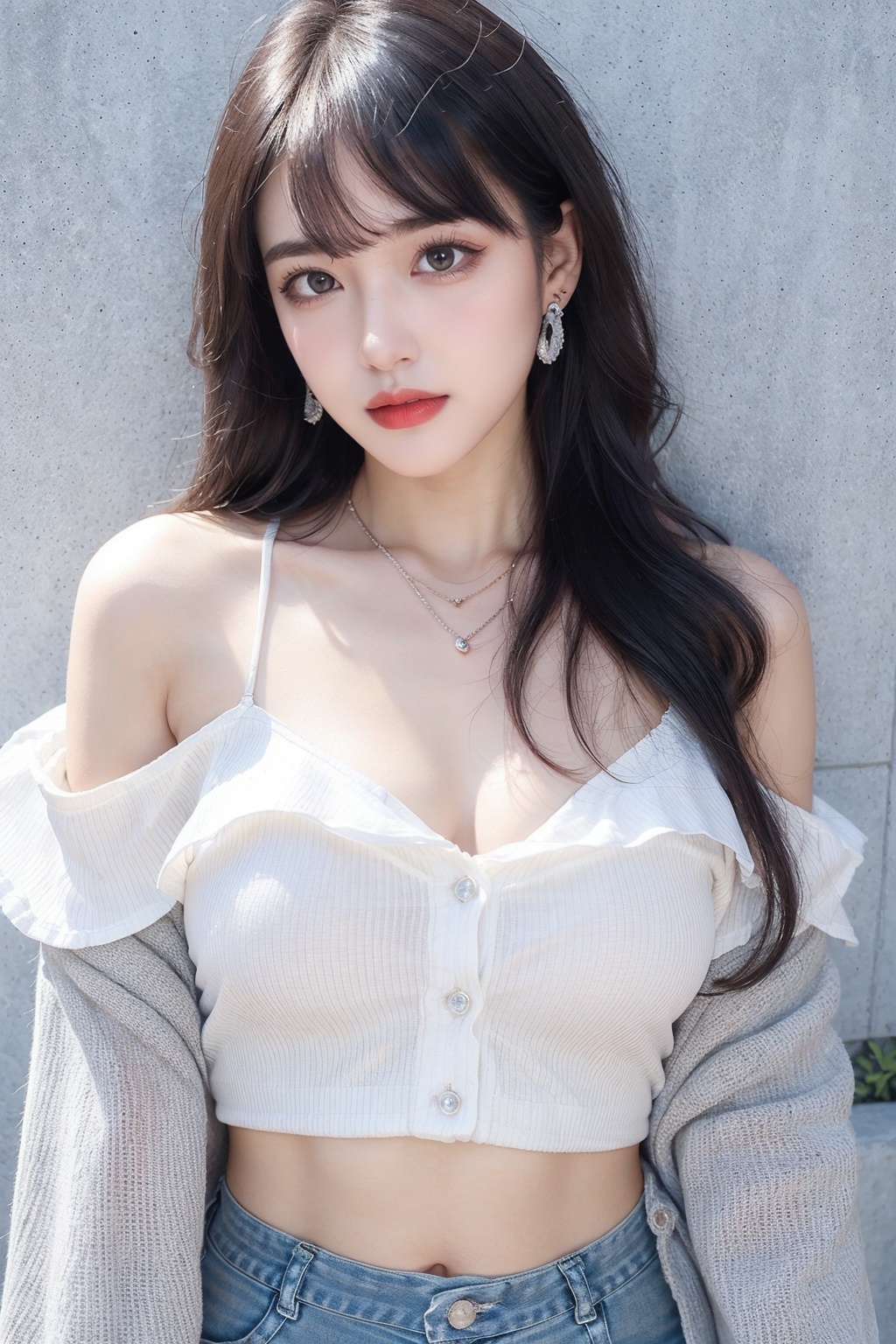 1girl, bangle, bare shoulders, bracelet, breasts, cleavage, collarbone, crop top, ear piercing, earrings, grey eyes, jewelry, long hair, looking at viewer, medium breasts, midriff, necklace, off-shoulder shirt, off shoulder, piercing, shirt, skirt, solo, white hair <lora:女:0.66>