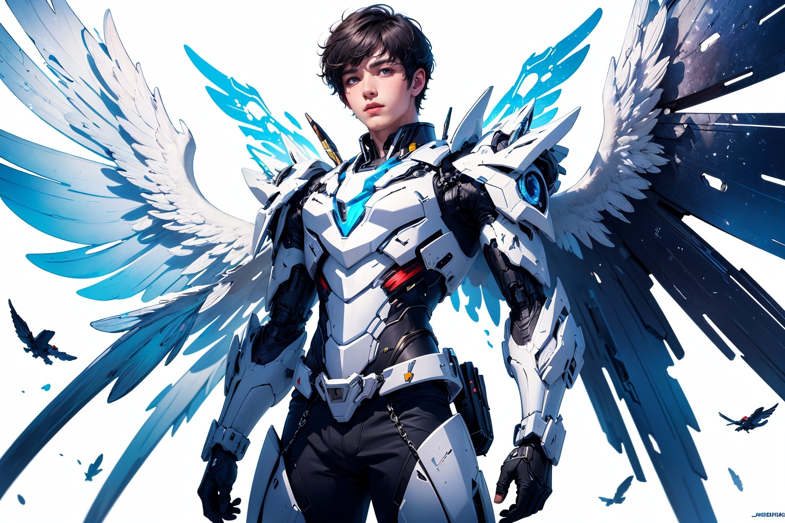 1boy,concept artwork,black hair,(a lonely solo boy:1.4),sky,wing,wings with fans,graphics card fan,strong male mecha warrior,mighty and domineering,cool mecha,32k,blue and white color scheme,white armor,white_background,standing,cowboy_shot,<lora:ASuo_v1:1>,