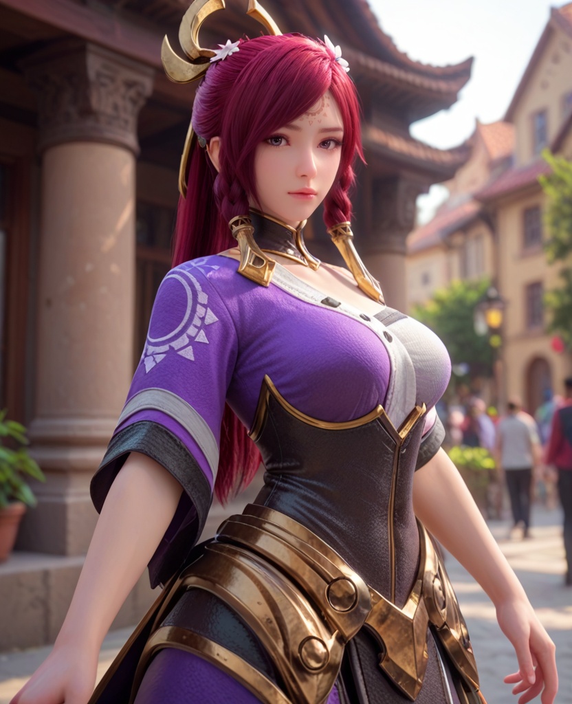 (oriental architecture, elegant decor, sophisticated style:1.1),(parkour vault:1.1),(large breasts:1.2),<lora:XL王者荣耀伽罗:0.8>,miss jialuo,purple right side robe layered on top of white sarashi,red hair,ponytail,twin braids,hair ornament,hair tubes,detached collar,armored dress,forehead mark,bangs,purple eyes,hair flower,white thighhighs,, score_9,score_8_up,score_7_up,score_6_up,score_5_up,score_4_up,3d rendering,tag1,tag2, Cinematic Lighting,backlighting,, zPDXL3, zPDXL2,zPDXL, zPDXLxxx, zPDXLrl,