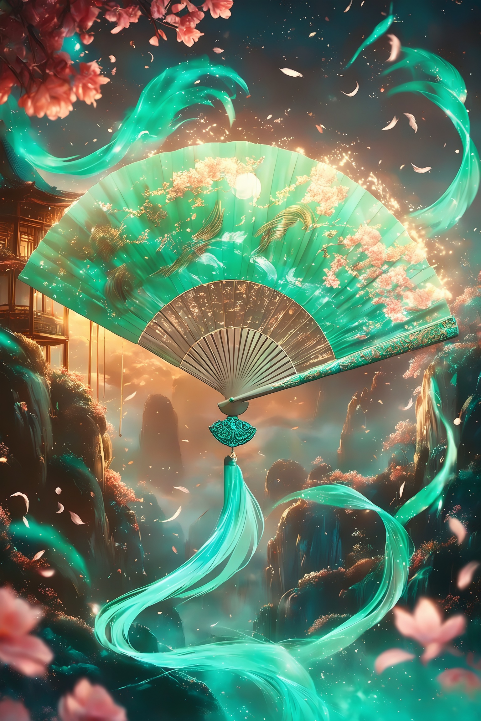 shenqi,Feather-inspired ornate art fan with a large area of green hue and a gradual turquoise gloss,the fan floats in the night sky,appearing exceptionally bright,surrounded by a flowery grain effect,