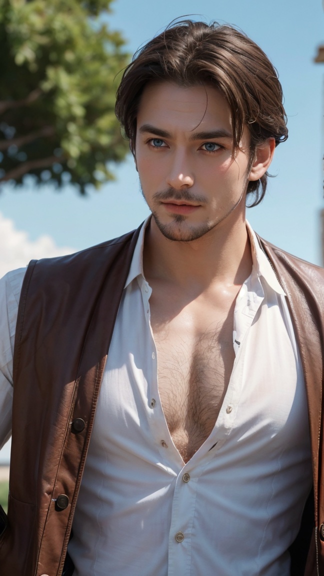 Holding a rapier an ***** male pirate with long swept back brown hair,  light blue eyes,  stumbled facial hair on Tensor.Art