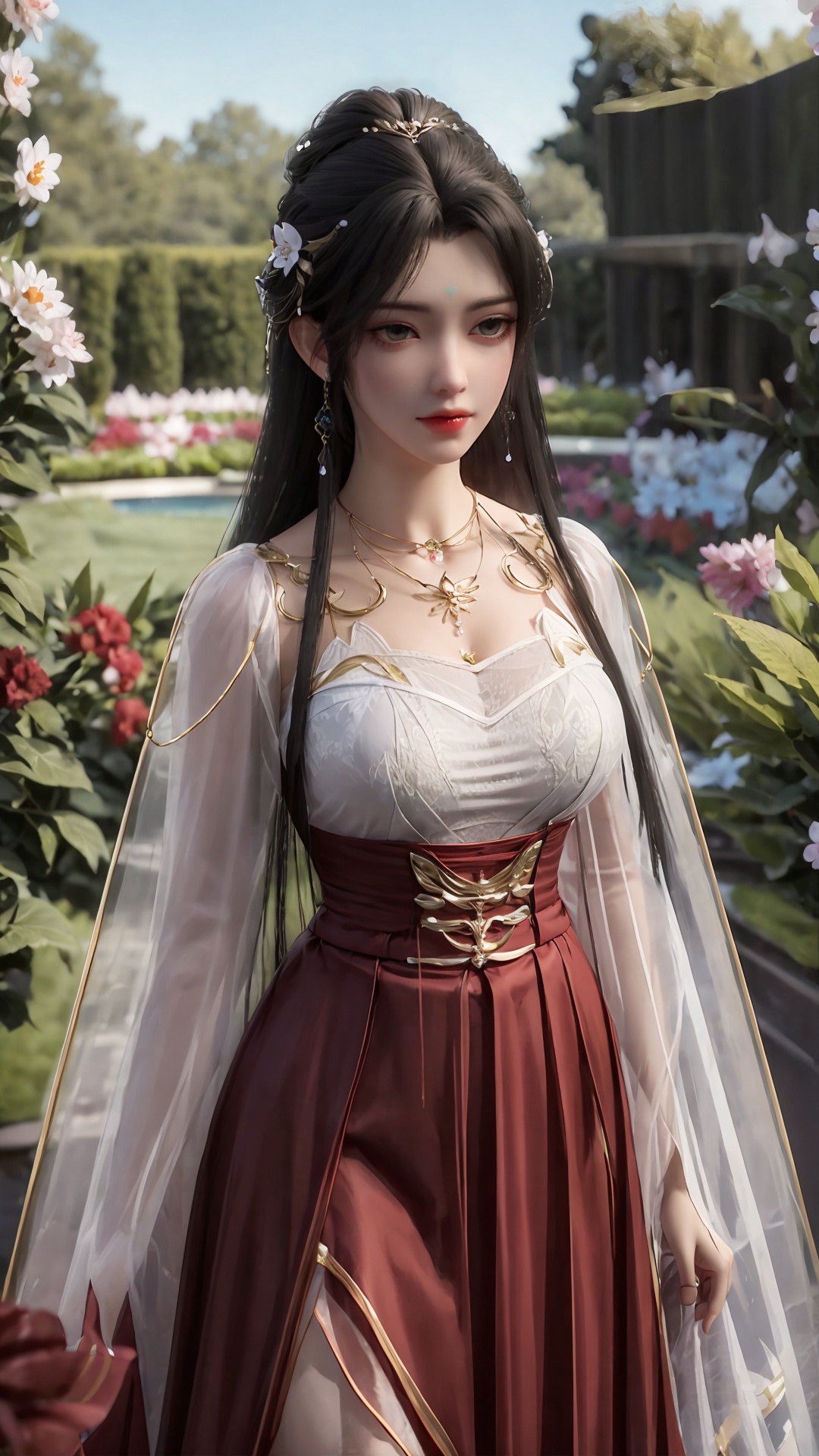 a girl,<lora:hmai_20240410212515:0.8>,dream garden,upper_body,macro range,red skirt,period dress,