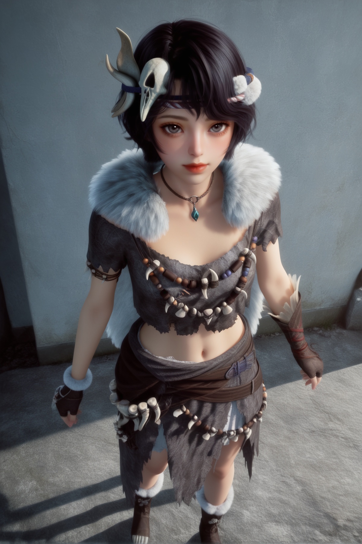 masterpiece,best quality,realistic,cinematic,detail eyes,(ultra-detailed),perfect composition,intricate details,absurdres,detailed face,high quality,high res,8K,<lora:X_awu_IL4.0:0.8>,1girl,solo,necklace,jewelry,short hair,navel,fingerless gloves,gloves,skirt,midriff,boots,skull hair ornament,standing,fur trim,hair ornament,black hair,realistic,tooth necklace,white wall,looking_at_viewer,