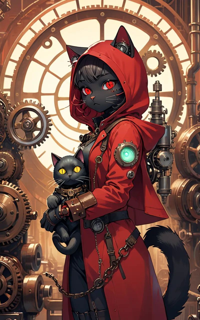 {Illustration} of a steampunk-themed scene featuring a red-hooded figure with intricate mechanical gadgets and gears,  acc...