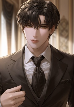 (best quality), ((masterpiece)), (highres), illustration, original, extremely detailed, <lora:美の欲:0.7>1boy, male focus, solo, black hair, looking at viewer, formal, short hair, shirt, bangs, suit, upper body, indoors, white shirt, necktie, jacket, blurry background