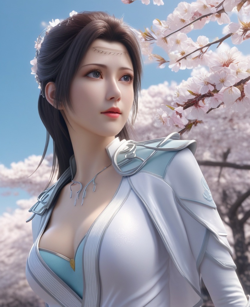 <lora:576-DA-XL-斗破苍穹-云韵-白服:0.8>(,1girl, ,best quality, ),looking at viewer,  ultra detailed background,ultra realistic 8k cg,ultra detailed 8k cg,masterpiece,upper body,  (( , )),, ,science fiction,mole, ultra realistic 8k cg, ,    ,outdoors, sun,sunlight, cherry blossoms,      (cleavage), (),