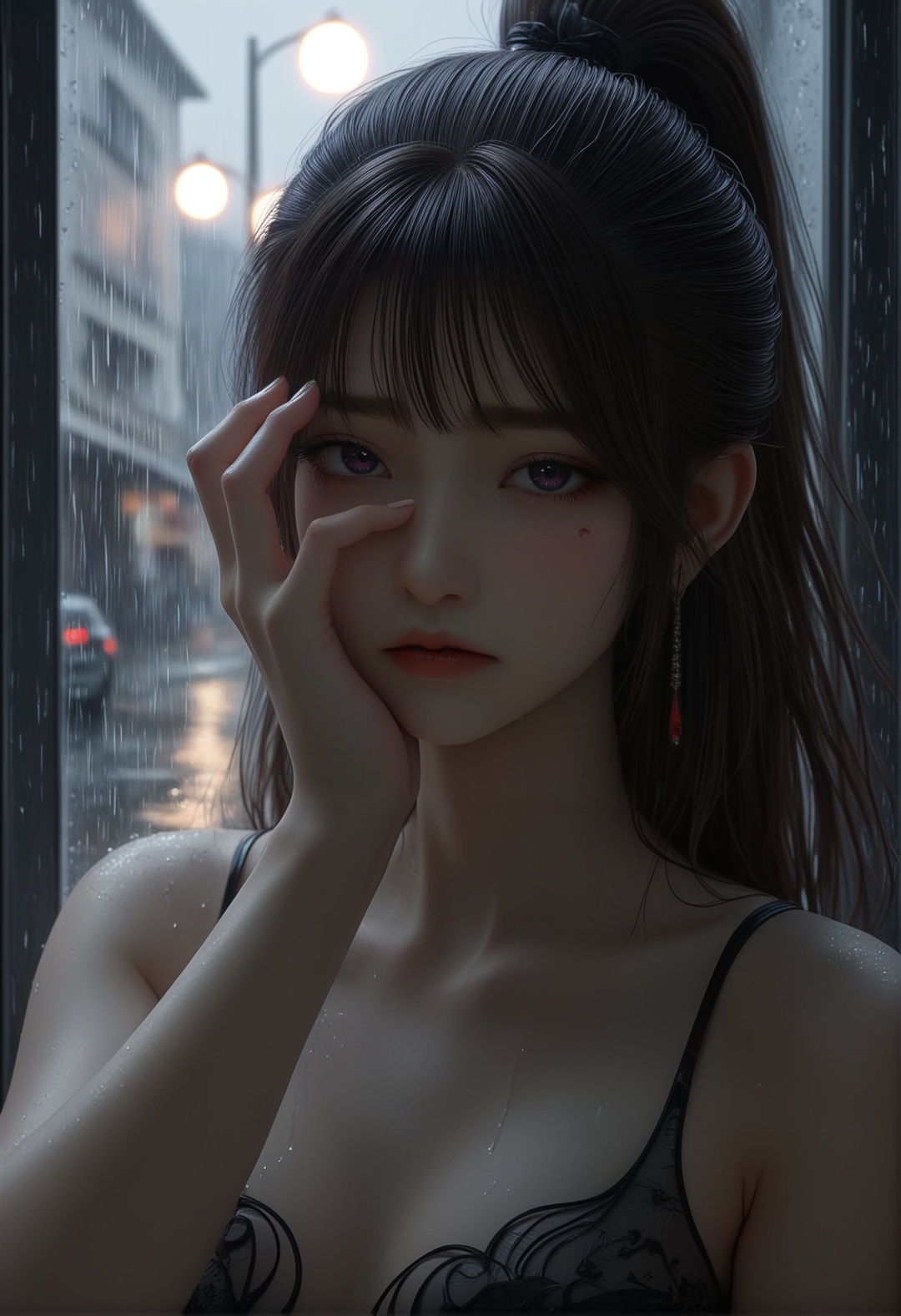 masterpiece,best quality,amazing quality,high resolution,ultra-detailed,absurdres,(looking at viewer:1.1),upper body,(moody lighting:1.1),1girl,solo,long hair,makeup,BREAKcollarbone,sheer overlay,bare shoulders,jewelry BREAK photorealistic details,facepalm,shy,blush,sad,tears,streaming_tears,teardrop,rain,the rain hit the face,<lora:火允儿gh:0.7>,high ponytail,
