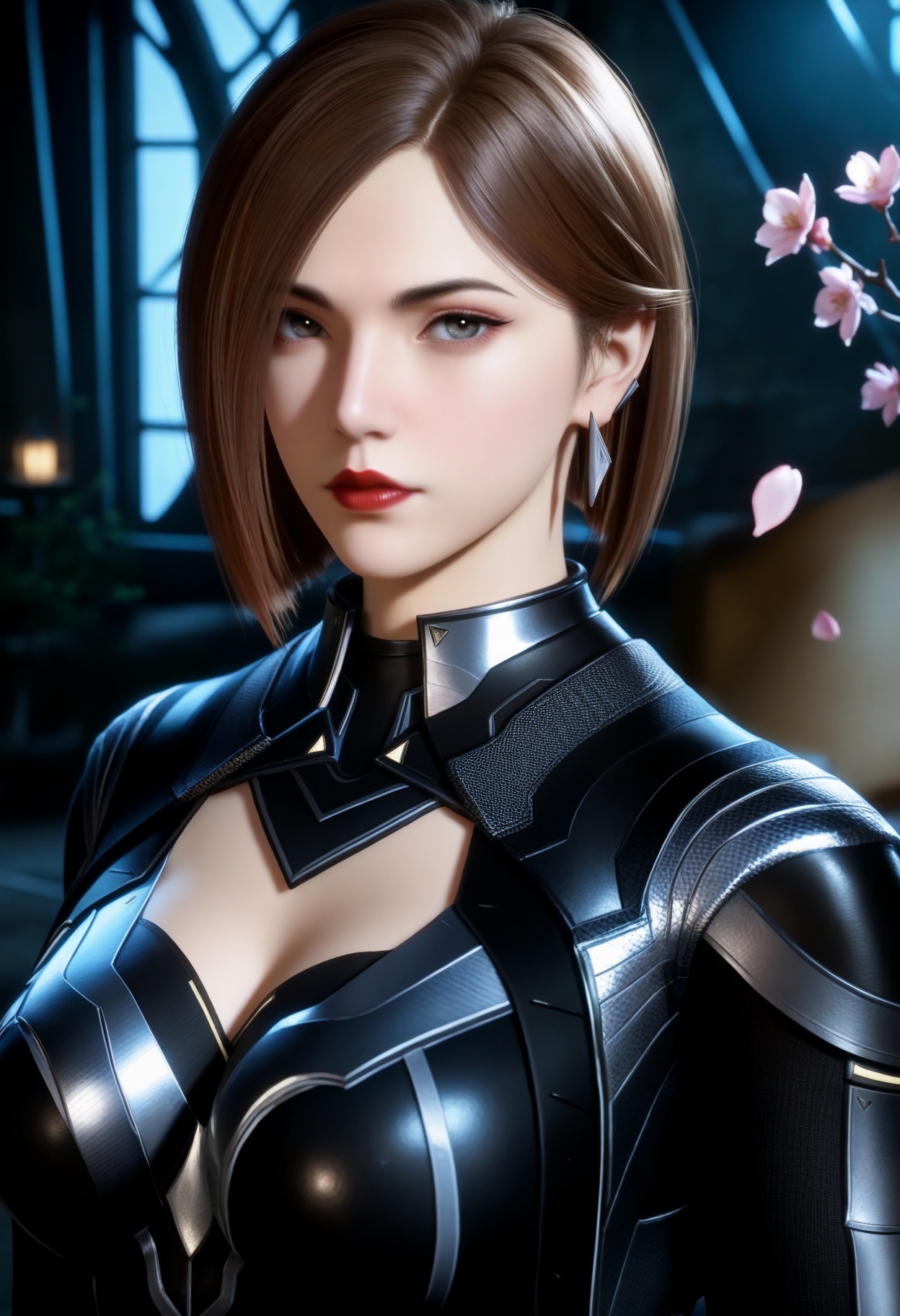 masterpiece,best quality,amazing quality,very aesthetic,high resolution,ultra-detailed,absurdres,scenery,photorealistic,(looking at viewer:1.1),upper body,(Dark room:1.3),(moody lighting:1.1),peach blossom,falling petals,(large breasts:0.8),jiangfang,1girl,solo,brown hair,short hair,armor,jewelry,earrings,realistic,grey eyes,cleavage cutout,bodysuit,clothing cutout,red lips,high_heel_boots BREAK photorealistic details,<lora:QQSilljiangfangV1:0.8>,