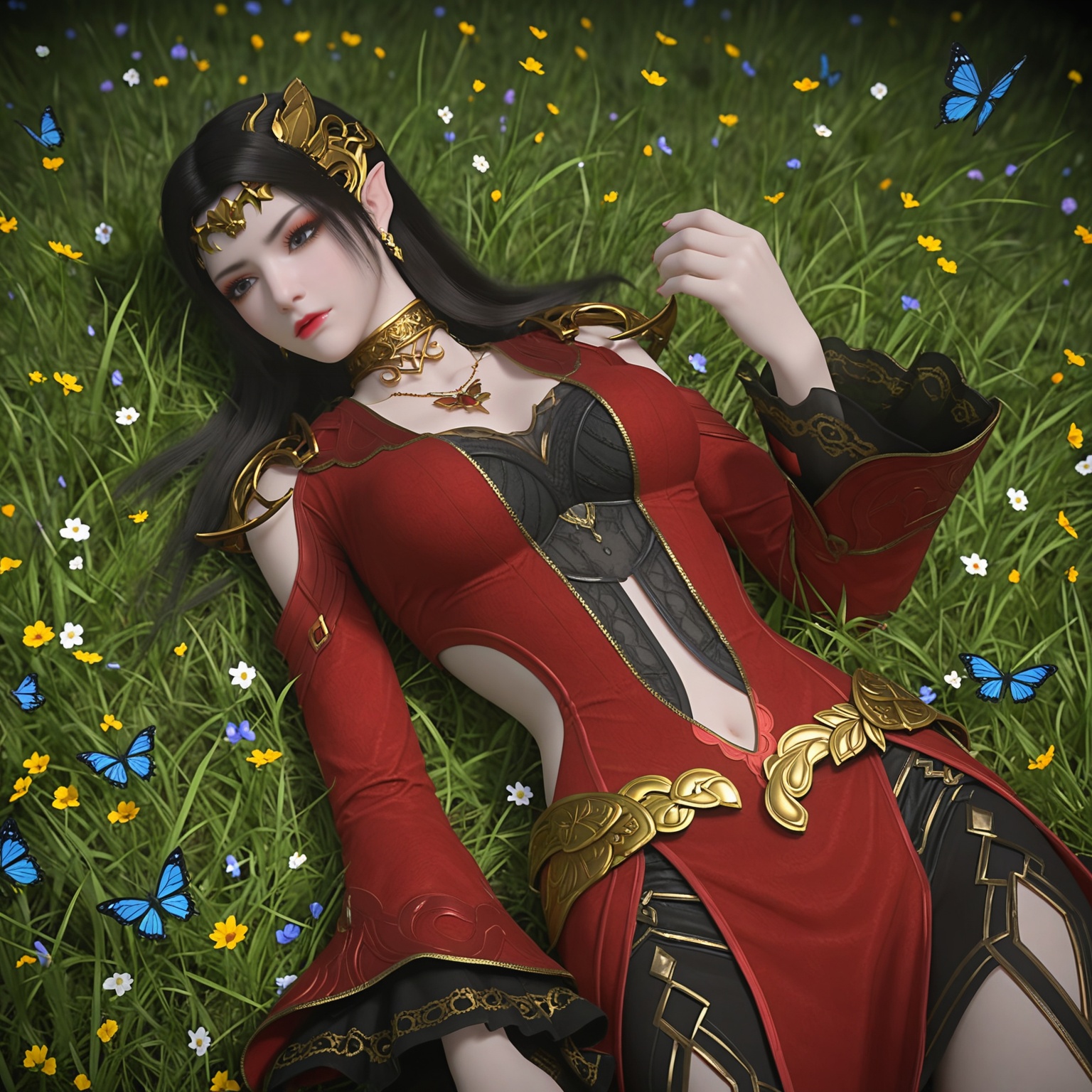 8K,depth of field,dynamic angle,sexy pose,best quality,(night:1.1),countryside meadow,lying down in the grass,shot from a bird's eye view,surrounded by wildflowers and butterflies,<lora:YQ_li光辉v5_meidusha_V6:0.8>,q1528437228,solo,1girl,long_hair,black_hair,jewelry,pointy_ears,earrings,necklace,hair_ornament,navel,brown_hair,choker,realistic,cleavage,tiara,grey_eyes,black_eyes,eyeshadow,(armor,skirt,clothing_cutout,long_sleeves,shoulder_armor,dress,belt,red_dress,),