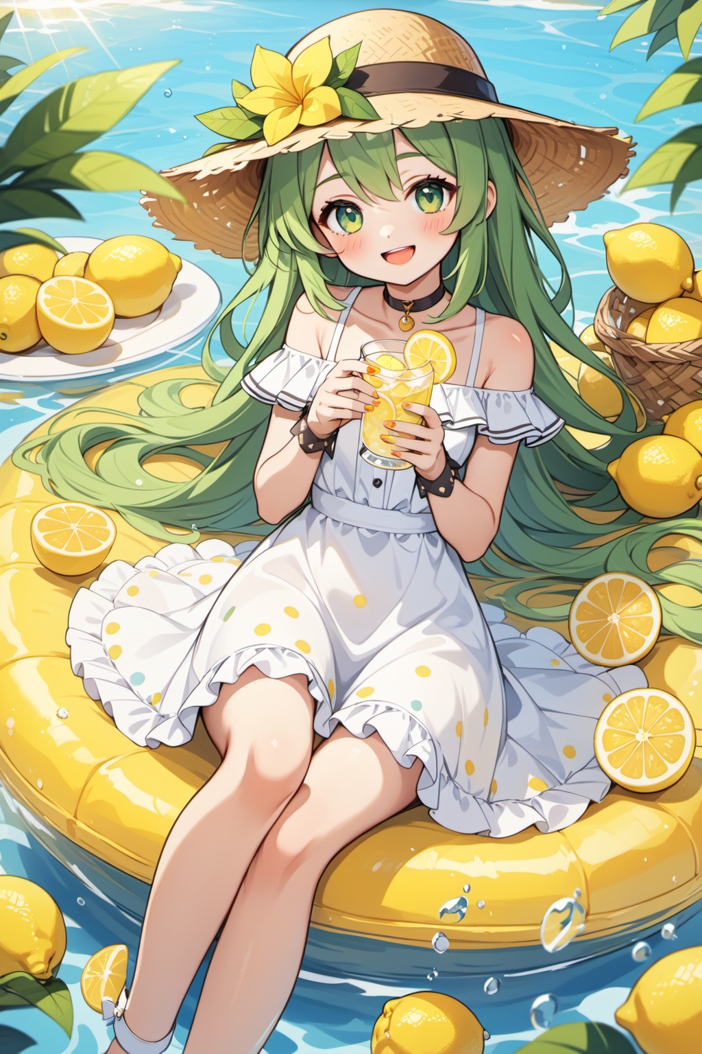 1girl,solo,hat,white flower,flower,long hair,lemon,holding,very long hair,smile,fruit,hair between eyes,dress,bangs,wrist cuffs,bare shoulders,lemon slice,:d,bow,green eyes,looking at viewer,white dress,food,sitting,water,blush,feet out of frame,knees up,polka dot,holding cup,open mouth,cup,frills,off shoulder,choker,green hair,hat bow,thigh strap,brown headwear,straw hat,collarbone,sun hat,nail polish,hat flower,off-shoulder dress,ice cube,frilled dress,black choker,yellow eyes,, masterpiece,best quality,very aesthetic,absurdres,