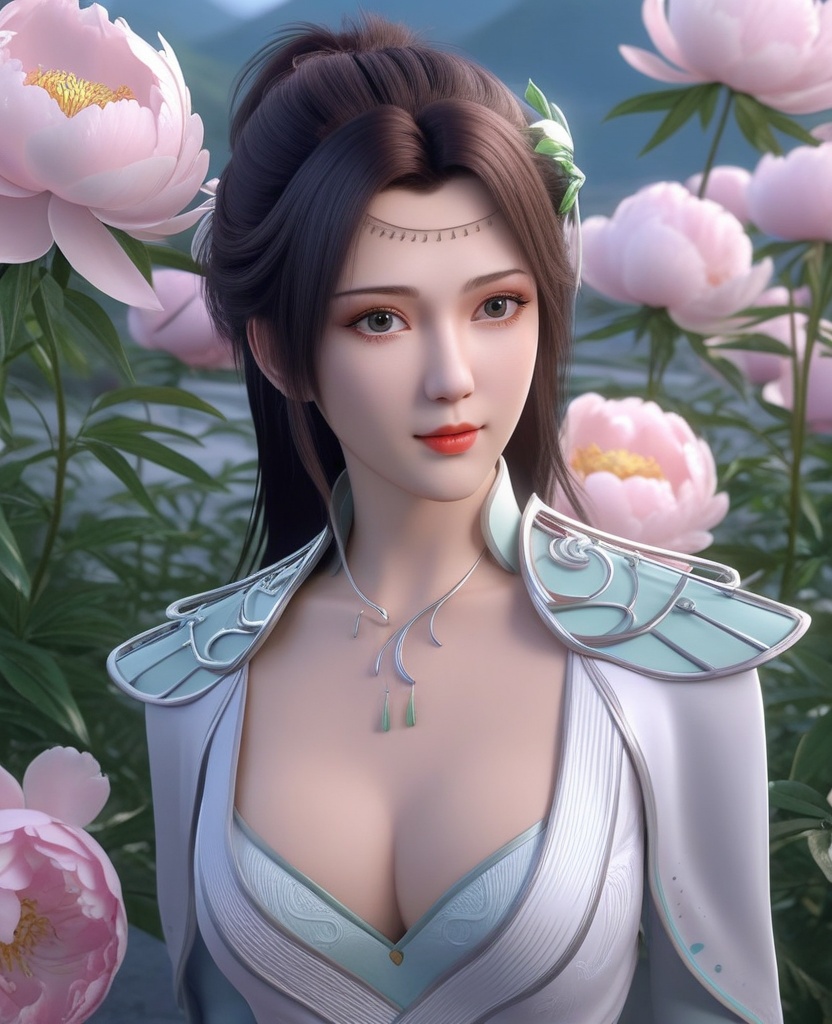 <lora:576-DA-XL-斗破苍穹-云韵-白服:0.8>(,1girl, ,best quality, ),looking at viewer,  ,,ultra detailed background,ultra detailed background,ultra realistic 8k cg, , ,masterpiece, (( , )),,, ultra realistic 8k cg, ,      ,peony \(flower\),(cleavage), (),