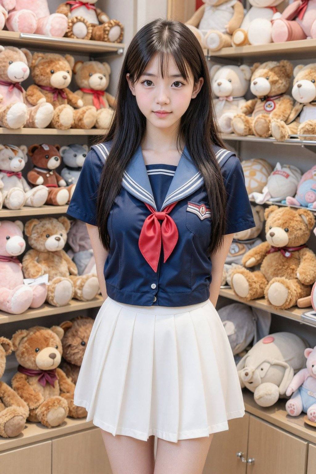 一位留着黑色长发的年轻亚裔女子站在一家玩具店里,  身穿藏蓝色水手服和白色百褶裙。她周围摆满了各种各样的毛绒玩具熊。 on Tensor.Art