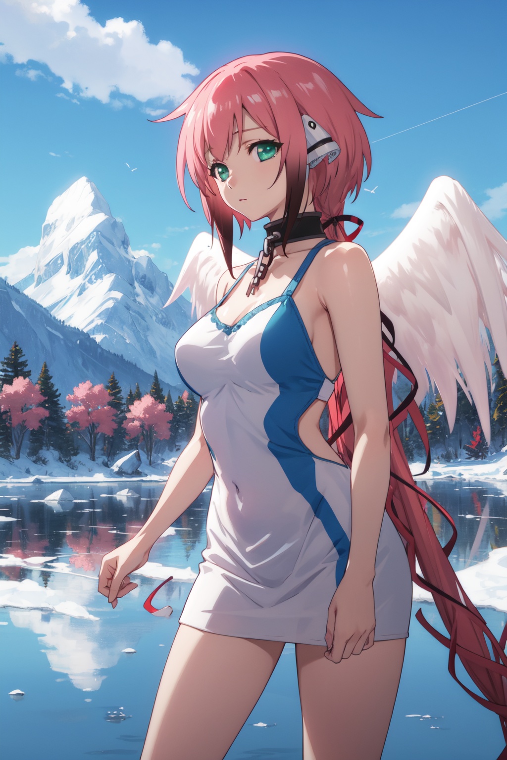 <lora:Ikaros-000009:0.8>,ikaros cyql,1girl,looking at viewer,solo,pink hair,long hair,very long hair,twintails,robot ears,hair ribbon,green eyes,collar,metal collar,chain,wings,angel wings,large breasts,sleeveless sheath dress with statement earrings and a clutch.,drunk,panorama,Formed by melting glaciers, these lakes boast a unique azure hue, framed by surrounding snow-capped peaks. Their surfaces mirror calmness, reflecting blue skies and white clouds,(Cherry blossoms, Pagoda, Koi pond, Cherry blossom festival, Japanese tranquility, Cherry blossom petals:0.5),beautiful detailed sky,beautiful detailed glow,posing in front of a colorful and dynamic background,masterpiece,best quality,beautiful and aesthetic,contrapposto,female focus,wallpaper,