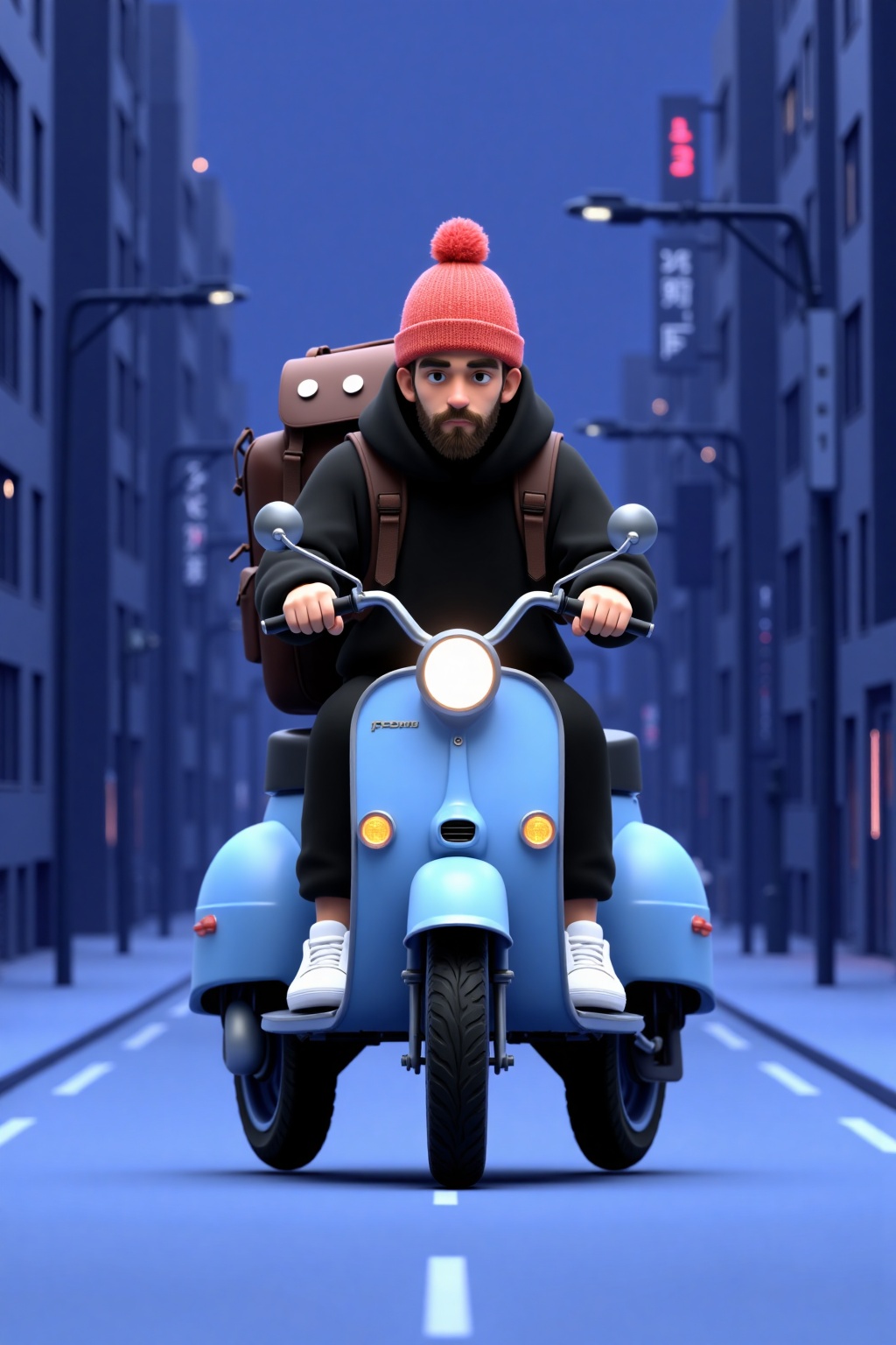 beijihui,Captured at eye-level on a vibrant blue scooter. The scooter is a light blue color, and the scooter has two large black tires. The handlebars are silver, while the seat is black. The seat is also black, and there is a black backpack strapped to the back of the motorcycle. The backpack is brown, and has two white buttons on it. The man is wearing a black hooded sweatshirt, black pants, and white sneakers. He is also wearing a red knit hat with a red pom-pom on the top. The background is a deep blue, with a row of buildings on either side of the street.