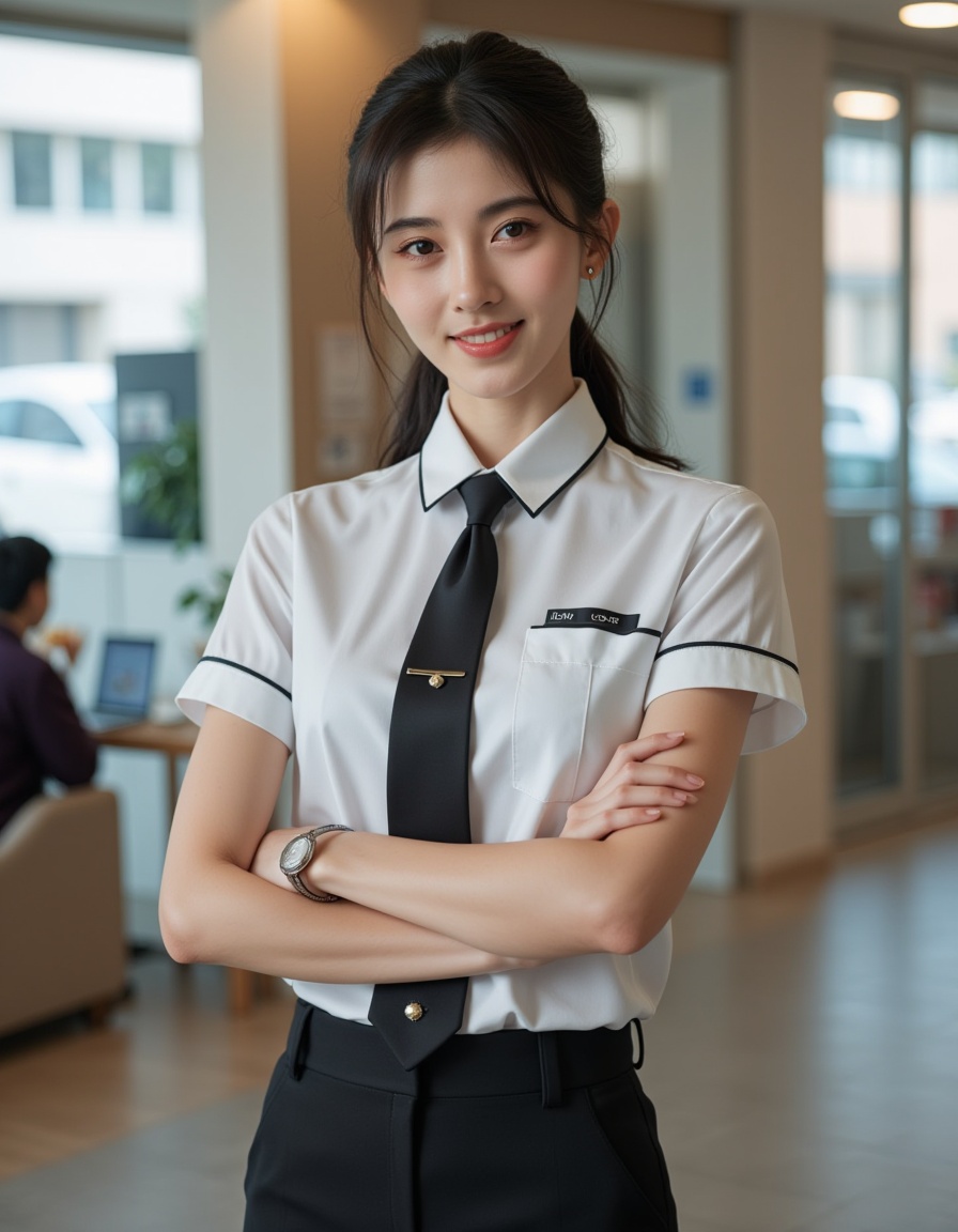 a real picture of a south korea woman,In Bank Teller Uniform\(Often includes a uniform shirt,pants,and sometimes a scarf or tie for bank tellers\).,