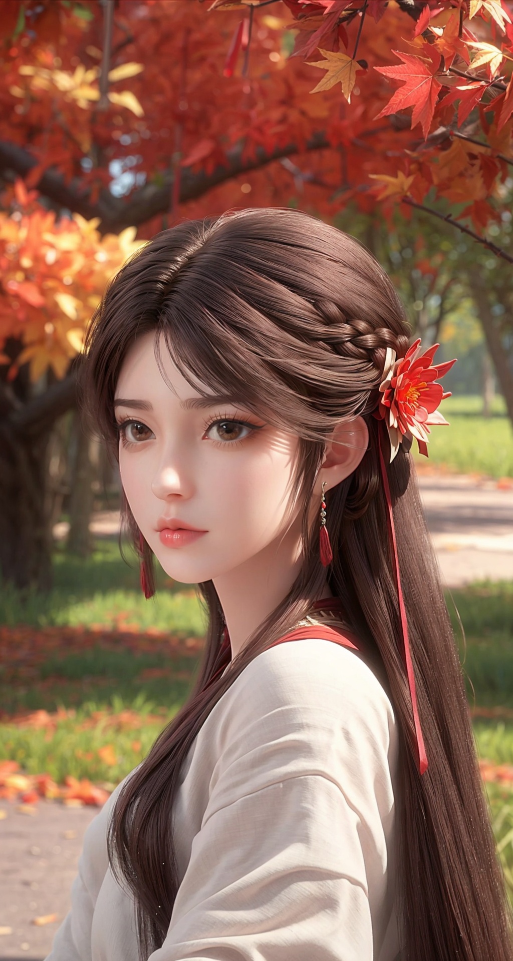 <lora:add_detail细节增加:0.8>,<lora:梦幻白1:0.2>,1girl,solo,hair ornament,long hair,hair flower,brown hair,jewelry,earrings,brown eyes,lips,realistic,closed mouth,outdoors,autumn leaves,autumn,solo focus,flower,leaf,tree,day,long sleeves,grass,maple leaf,long skirt,water,sky,rock,ribbon,red ribbon,hairpin,hair stick,looking at viewer,eyelashes,red lips,scenery,nature,forest,sunlight,tassel,wide sleeves,<lora:火灵儿上界:0.7>,front view,close-up,face_focus,portrait,looking_at_viewer,
