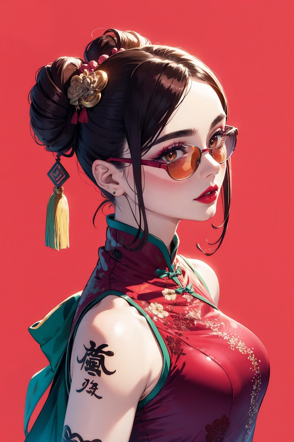 chinese style,national tide,1girl,solo,chinese clothes,sunglasses,china dress,double bun,hair bun,dress,hair ornament,red background,looking at viewer,upper body,new year costume,New Chinese cheongsam,new year,brown eyes,realistic,lips,makeup,lipstick,tattoo,red lips,simple background,red dress,adjusting eyewear,brown hair,pink nails,new year 2024,masterpiece,best quality,