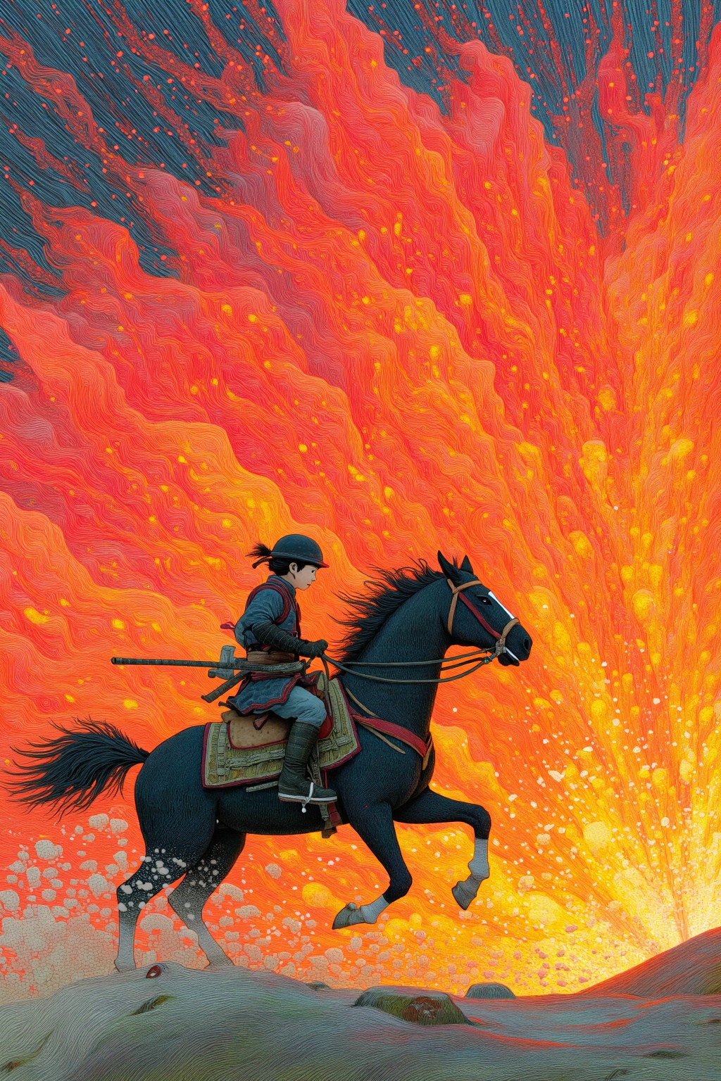 beijihui,a young warrior riding a wild horse across golden deserts,sandstorm raging behind,dynamic textured lines,fearless zen adventure,