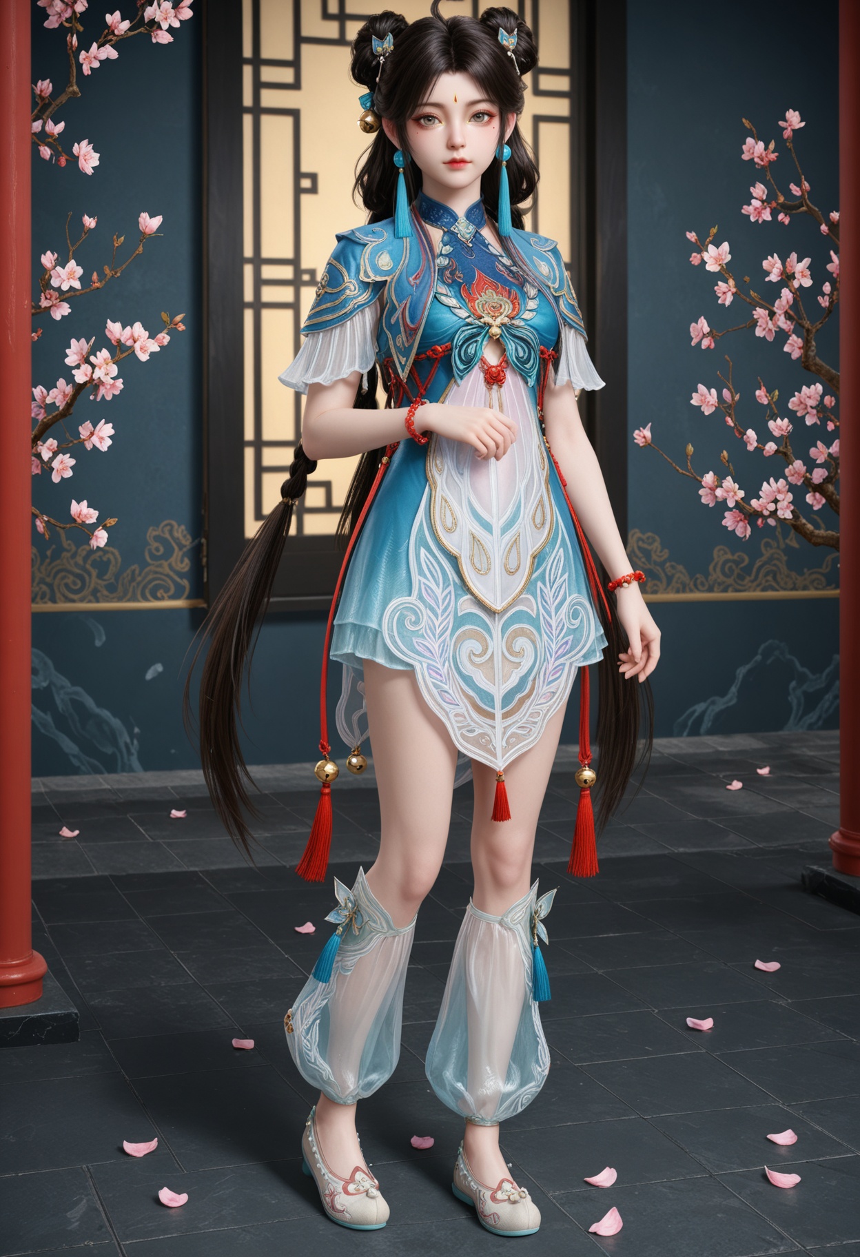 (standing full_body:1.1),(looking at viewer:1.1),masterpiece,(best quality),smog,Dark room,dim lighting,peach blossom,falling petals,<lora:YQ_Illustrious光辉v5_蓝梦_V1:0.8>,q1528437228,1girl,solo,jewelry,black hair,dress,hair ornament,earrings,long hair,hair bun,chinese clothes,double bun,tassel,blue dress,facial mark,forehead mark,bell,bracelet,short sleeves,mole under eye,brown hair,grey eyes,beads,shoes,ahoge,hair rings,brown eyes,white footwear,china dress,hair bell,braid,jingle bell,sandals,