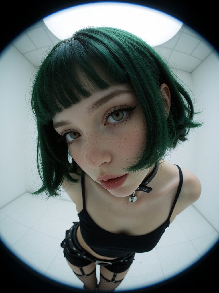 An extreme circular fisheye lens perspective looking down at a cute alt-goth young woman leaning close into the lens insid...