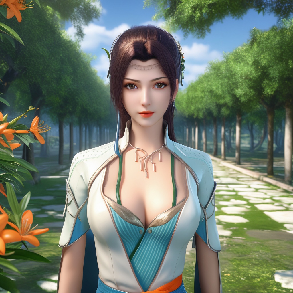 <lora:786-DA-XL-斗破苍穹-云韵-绿服:0.8>, (,1girl, ,best quality, ),looking at viewer,  ,ultra realistic 8k cg,, ,masterpiece, (( , )),, ,      ,  orange blossoms,  (cleavage),,  (), ,,