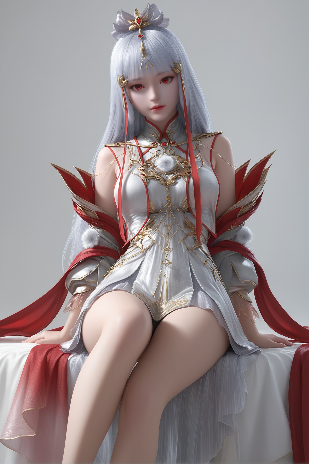 masterpiece,best quality,realistic,cinematic,detail eyes,(ultra-detailed),perfect composition,intricate details,absurdres,detailed face,high quality,high res,8K,<lora:X_taiyinyutu_ts_IL3.0:0.8>,white hair,red eyes,1girl,long hair,breast,medium breast,hair_ornament,dress,bare_legs,sitting,simple background,bed,