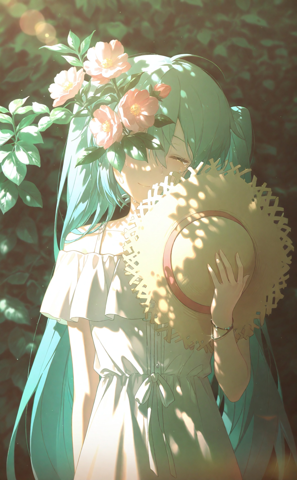 1girl, hatsune miku, flower, solo, long hair, hat, holding, dress, holding hat, white flower, closed eyes, unworn headwear, white dress, holding clothes, facing viewer, twintails, blurry, smile, sun hat, unworn hat, upper body, light particles, arm behind back, aqua hair, pink flower, blurry background, closed mouth, leaf, one eye covered, plant, collarbone, depth of field, crying, very long hair, tears, outdoors, bokeh, off-shoulder dress, glint, off shoulder, hand up, sunlight, covering one eye, covering face, jewelry, bracelet, blue hair, yellow headwear, short sleeves, sundress, dappled sunlight, red flower, bare shoulders, backlighting, sidelighting, bush, arm at side, ^_^, floral background, lens flare, hat over one eye, hair between eyes, ribbon, straw hat, light smile, hat flower, light, nature, happy, shade, sidelocks, wristband<lora:konya666up-000025:0.8>