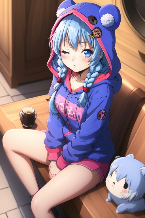 best-A,nachoneko,masterpiece,bestquality,solo,1girl,kafuu chino,solo,long hair,one eye closed,twin braids,braid,hood,hair ornament,x hair ornament,blush,pom pom \(clothes\),blue eyes,animal hood,loungewear,sitting,looking at viewer,blue hair,<lora:LL_20240414234023-000004:0.8>,