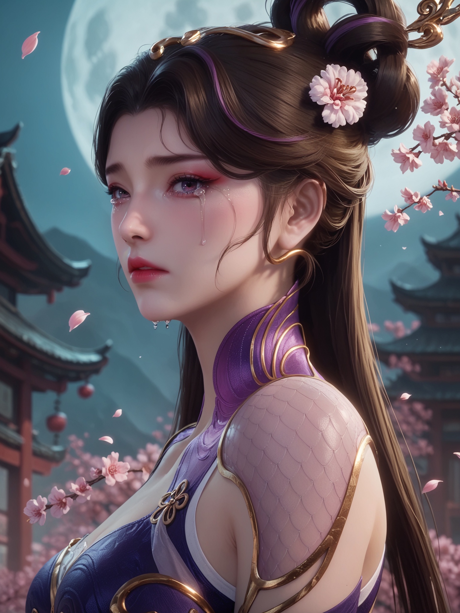 score_9,score_8_up,score_7_up,break,1girl,solo,high quality,(crying with eyes open,tears, sad),looking at viewer,(pale skin),smoke,moon,mountain,petals,profile,flower,makeup,tree,cherry blossoms,<lora:牧神记-付磬允-Pony新底模:0.6>,long,dark brown hair is styled in intricate braids adorned with delicate flowers,held up by a golden hairpin. wears a stunning,intricate costume reminiscent of ancient Chinese or fantasy designs,featuring a purple and gold bodice with ornate patterns and a sheer,