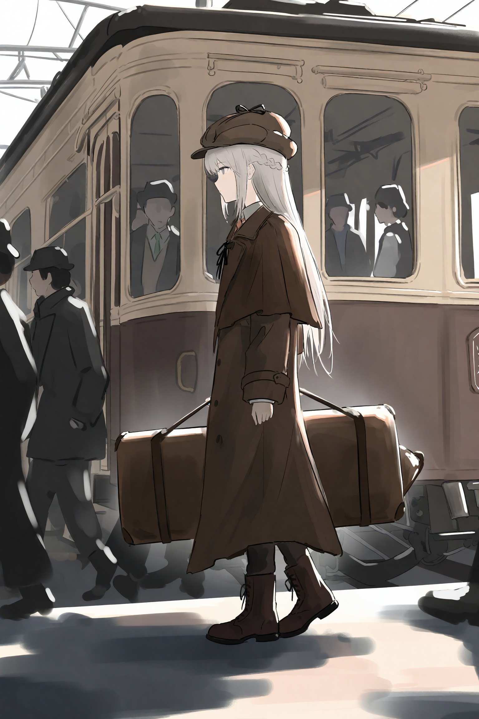 brown headwear, 1girl, train, hat, long hair, coat, brown coat, boots, outdoors, skirt, brown pants, multiple boys, standing, grey hair, solo focus, bag, day, walking, people, long sleeves, pants, brown vest, detective, brown footwear, shirt, train station, vest, black footwear, open coat, building, brown jacket, open clothes, very long hair, suitcase, full body, grey skirt, white hair, profile, cabbie hat, trench coat, braid, closed mouth, bus, brown capelet, motor vehicle, sketch, brown skirt, capelet, black skirt, street, jacket, crowd, expressionless, multiple others, deerstalker, railroad tracks, from side, brown hair, window, holding, brown cape, overcoat, 3boys, long coat, black coat, necktie, 2boys, collared shirt, city, looking to the side, short hair, ribbon, virtual youtuber, shoes<lora:lp39New.64.128-000036:0.8>,