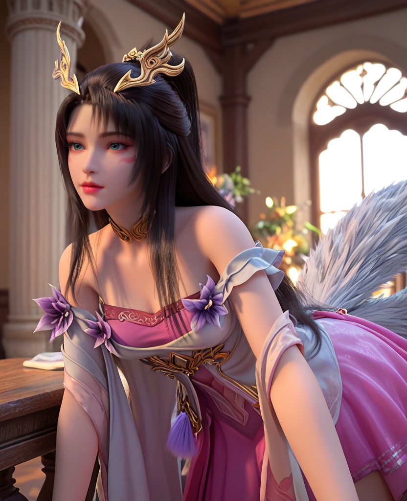 (oriental architecture, elegant decor, sophisticated style:1.1),paddleboarding,huge waves,(breasts:1.2),<lora:XL完美世界天狐仙子:0.9>,miss tianhuxianzi,solo,white dress with pink minidress underneath,shawl sleeve,multilayer fart curtain,green eyes,(glittering eyeshadow:1.3),facial mark,mole under right eye,black hair,long hair,hair ornament,half tied ponytail,(hanging hair:1.2),choker,jewelry,four-foxtailed,streaked tail tip,flower ornament of purple,parted lips,, zPDXL2, score_9, score_8_up, score_7_up BREAK realistic, masterpiece,best quality, highly detailed,, zPDXL3, zPDXL2,zPDXL, zPDXLxxx, zPDXLrl,